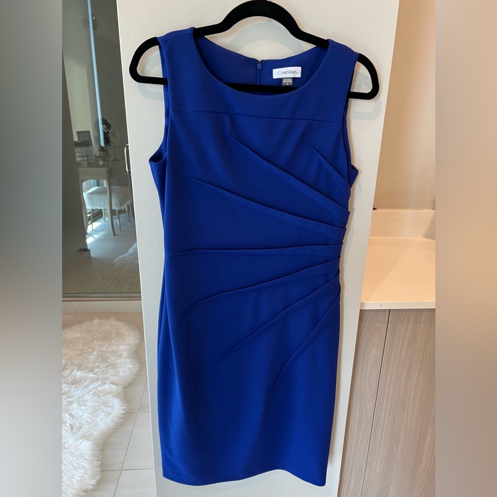 Cobalt blue Calvin Klein midi dress. Side pleats fitted dress. Size 8